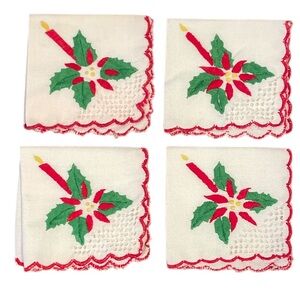 4 Vtg Cotton Cocktail Napkins Cotton
Embroidered Festive Candle Poinsettia MCM
